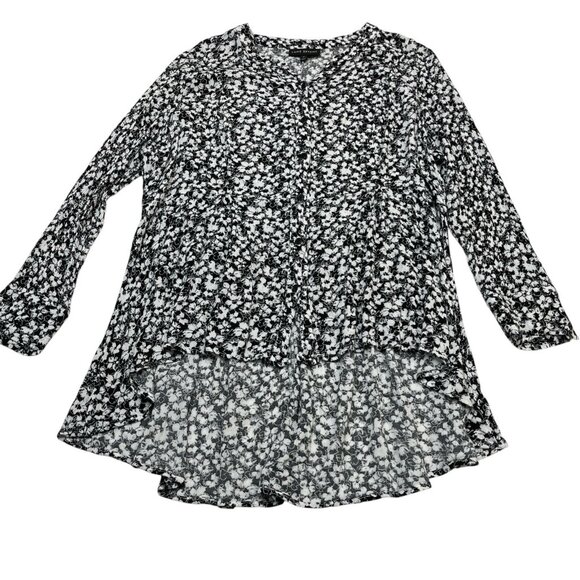 Lane Bryant Top Womens 18 Black White Floral Button Down Tunic Hi Low Casual - Picture 3 of 8